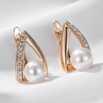Wbmqda Paprastas Elegantiškas Pearl Drop Auskarai Moterims 585 Rose Aukso Spalvos Su Balta Gamtos Cirkonis Derliaus Vestuves Papuošalai